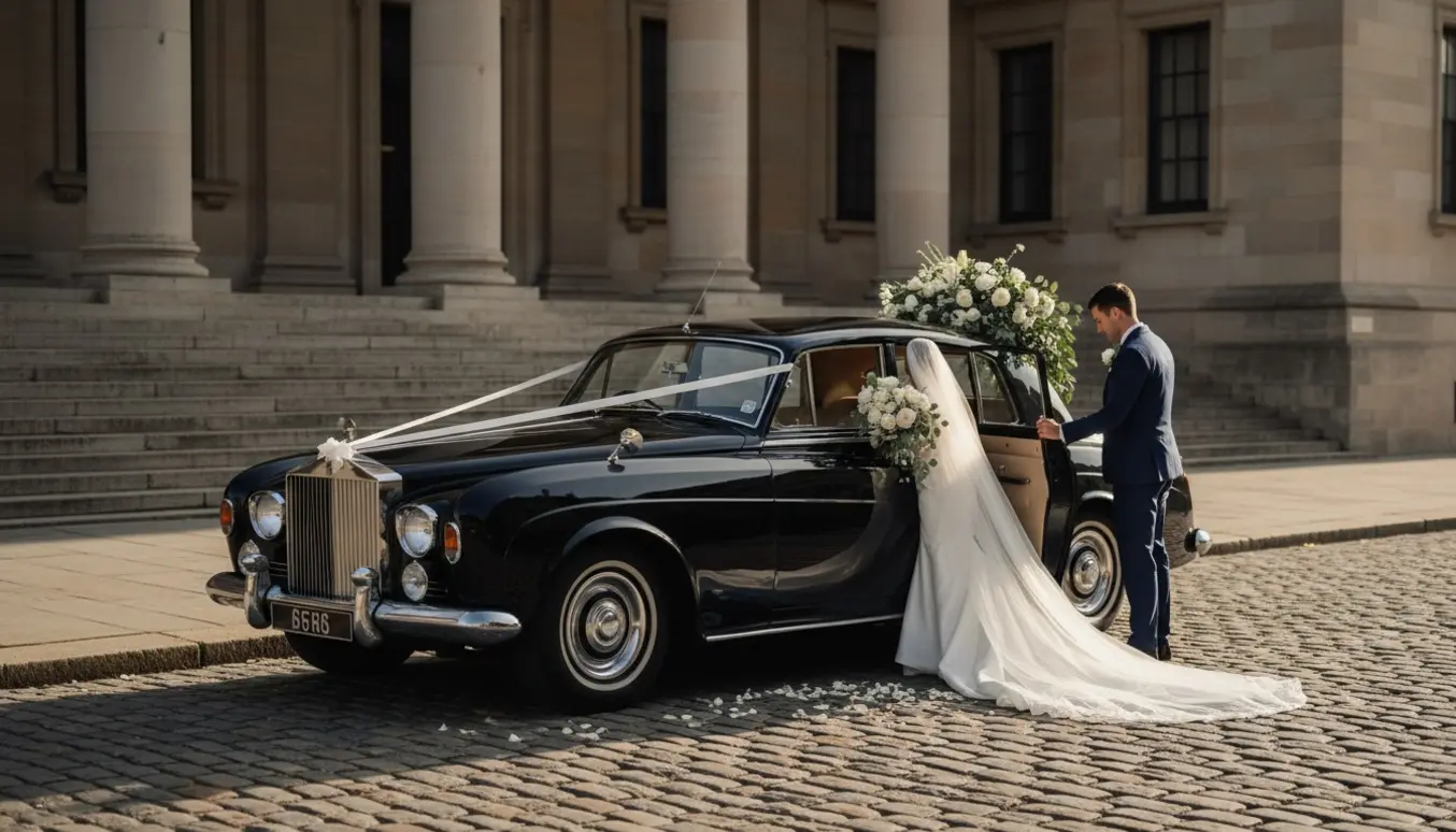 Et brudepar set bagfra ved en pyntet bryllupsbil udenfor rådhuset, klar til kørsel.