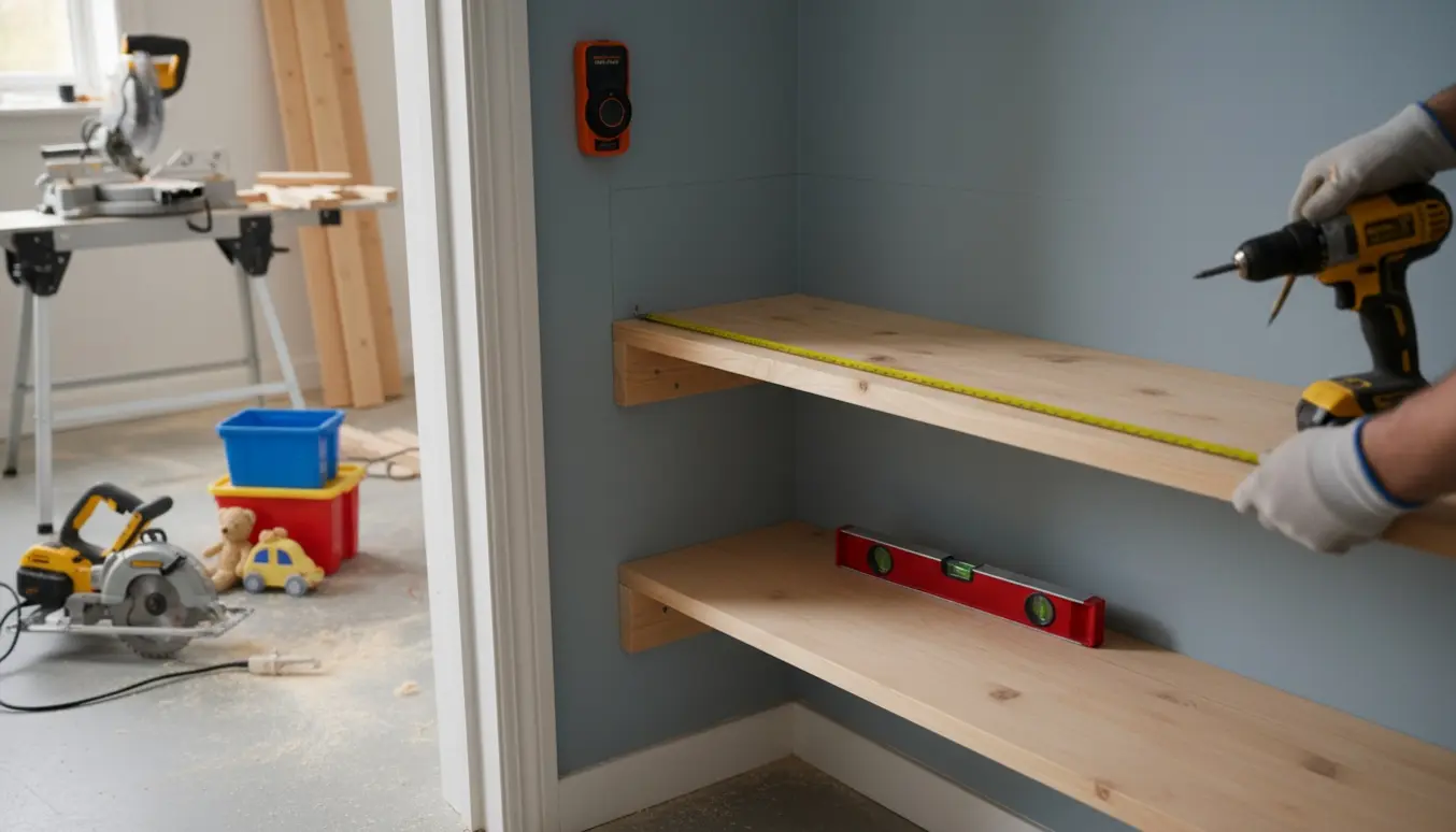 Snedker monterer trekvart-hylder i et skævt hjørne bag en åben dør, med værktøj og opbevaringskasser klar.