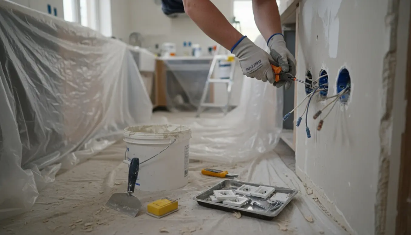 Nærbillede af arbejdshænder, der fjerner gamle stikkontakter og ledninger i et nedrevet køkken klar til spartling og maling.
