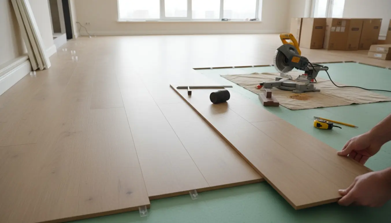 Åben stue og køkken under lægning af laminatgulv med værktøj og fjernede fodlister ved siden af.