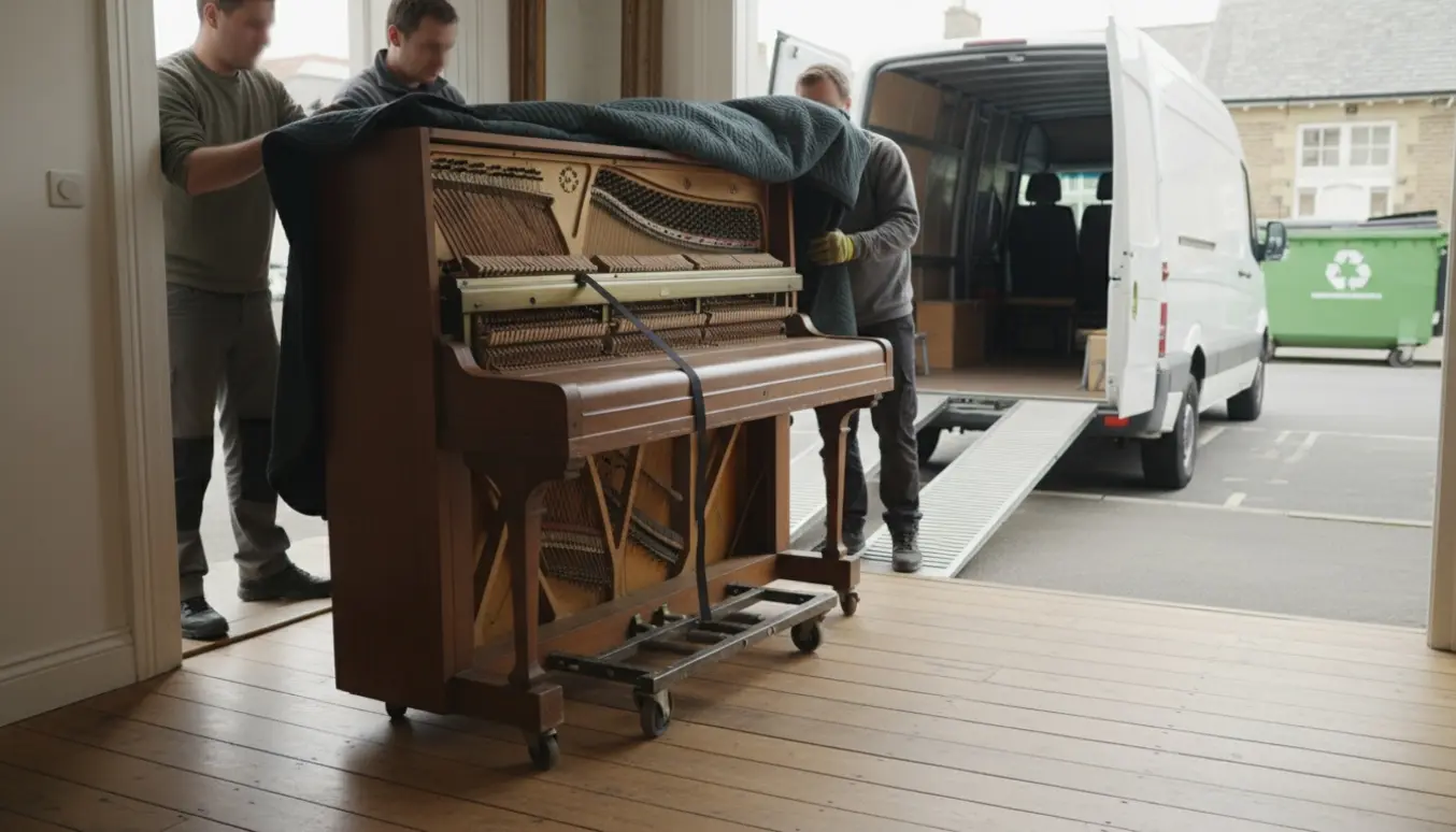Et klaver med metalramme på dolly ved en åben varebil og flytteudstyr klar til bortskaffelse.