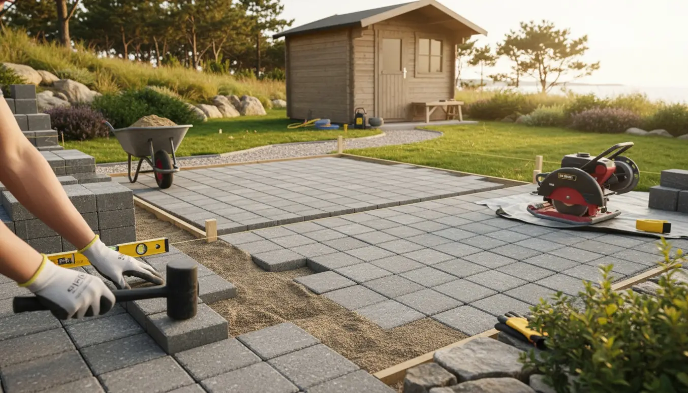Nærbillede af lægning af betonfliser under og foran et lille skur på en sommerhusgrund.