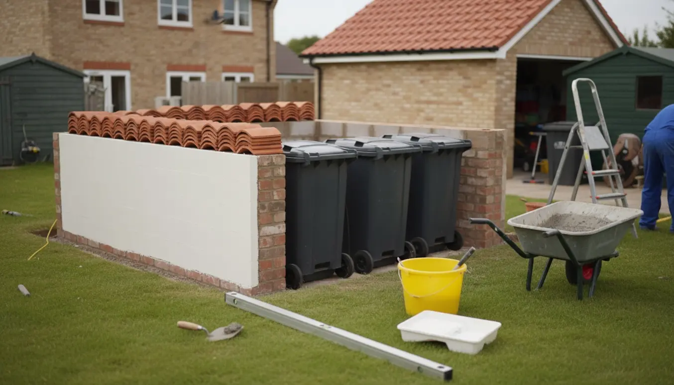 U-formet muret afskærmning under opbygning med tre affaldsbeholdere og murerværktøj.