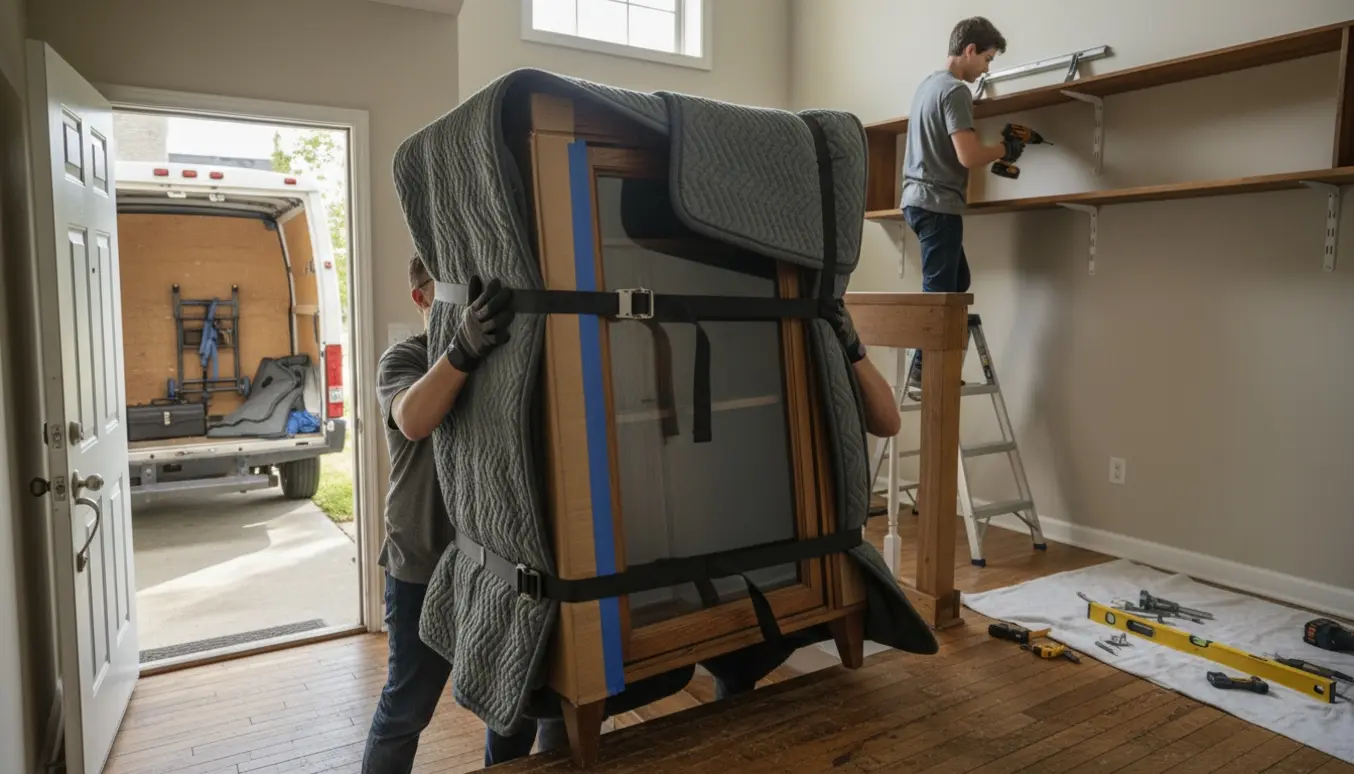 Et tungt træskab med glaslåge bæres op ad en trappe fra en åben varebil, mens en stor hylde monteres på en væg.