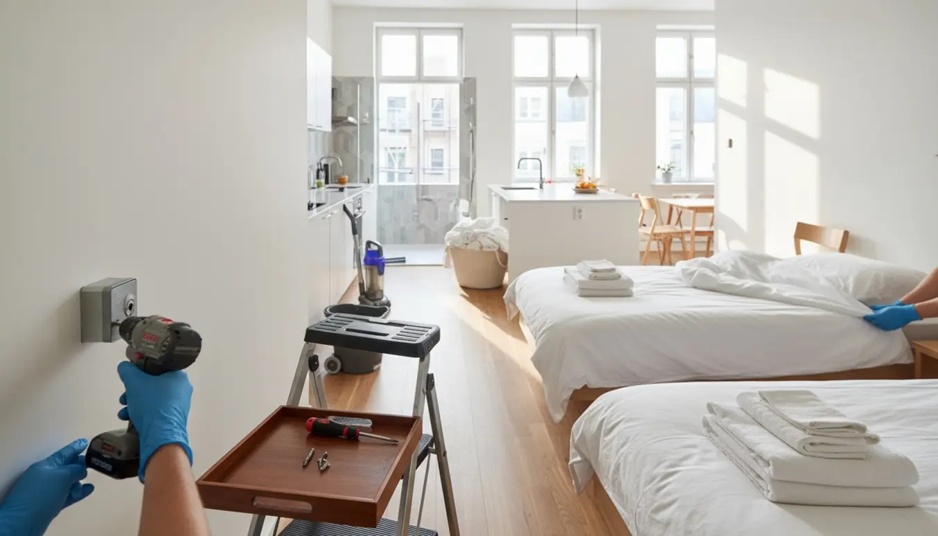 Gloveklædte hænder monterer en nøgleboks i entréen mens friske lagner og håndklæder ligger klar i lejligheden.