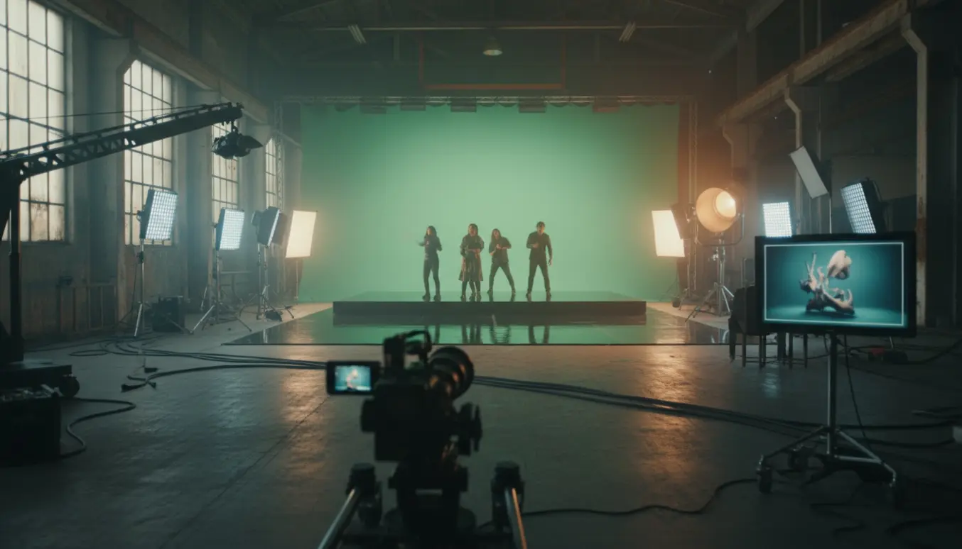 Green screen-musikvideoopsætning i en rå fabriksbygning med kunstnere på en blank scene og filmudstyr rundt om.