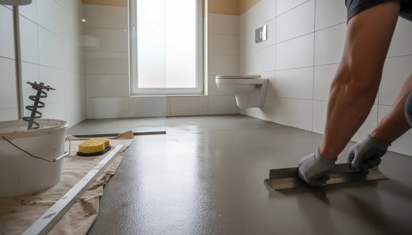 Glat nysmurt betongulv i lille badeværelse og tilstødende toilet under afretning.