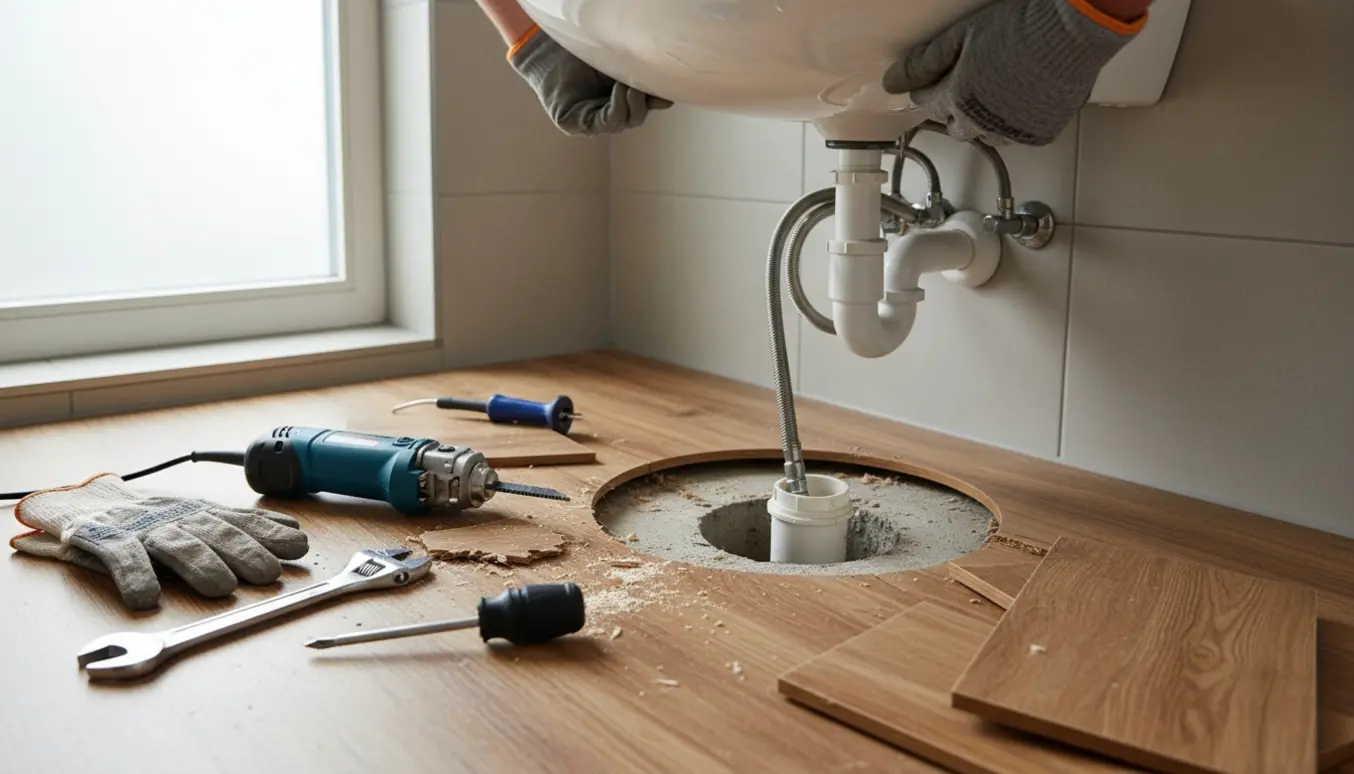 Halvafmonteret vask og klikgulv skåret væk rundt om faldstammen, med værktøj og prop ved siden af.