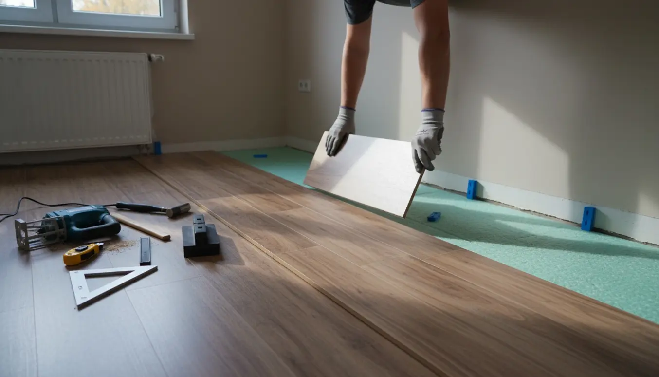 Installatør lægger Pergo klikgulv over isolerende underlag i et lille værelse.