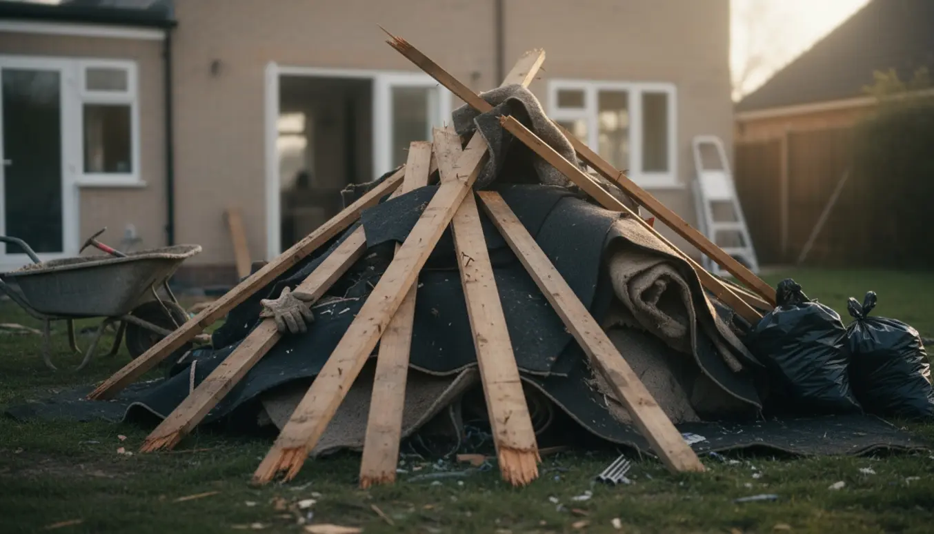 Bunke af affaldstræ med søm og afrevne filt-gulvtæpper i en baghave efter renovering.