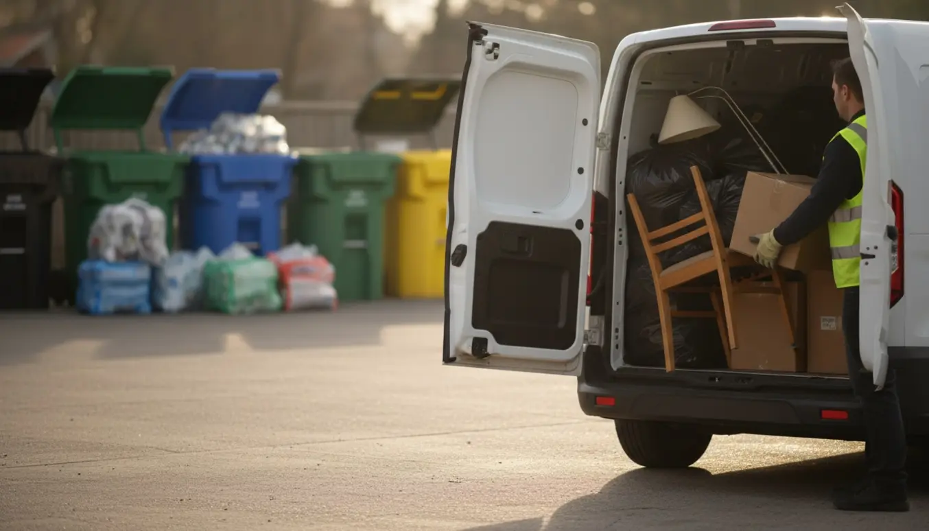 Person læsser husholdningsaffald og genstande i en varebil foran en genbrugsplads.