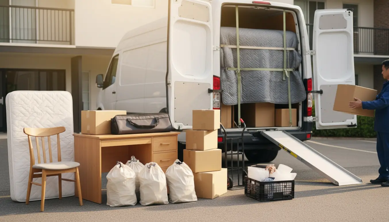 Åben flyttevogn foran en opgang med seng, skrivebord, kommode, keyboard, flyttekasser og sække klar til indlastning.