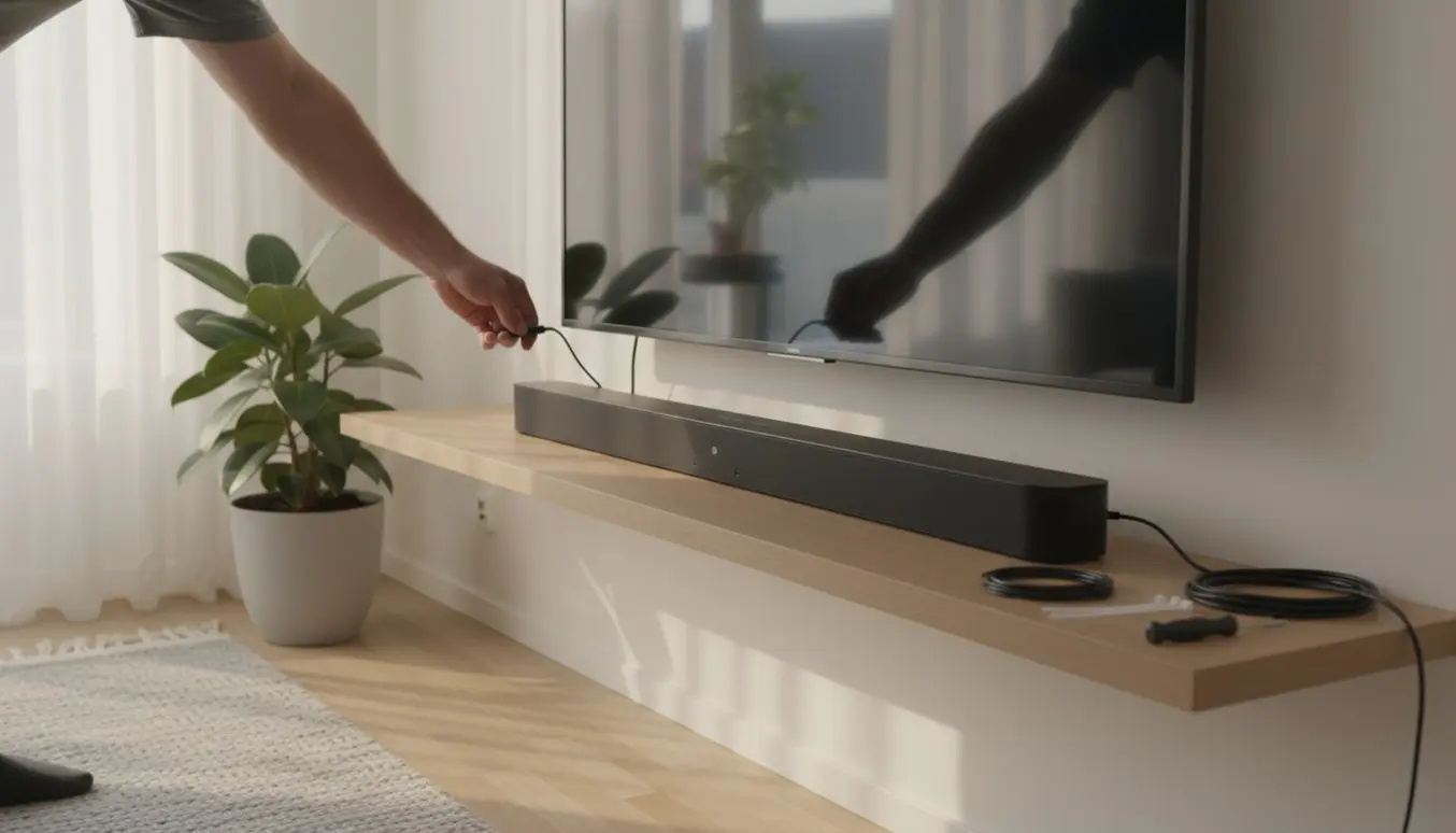 Hænder forbinder en soundbar til en vægmonteret fladskærm i en lys, nordisk stue i Herlev.
