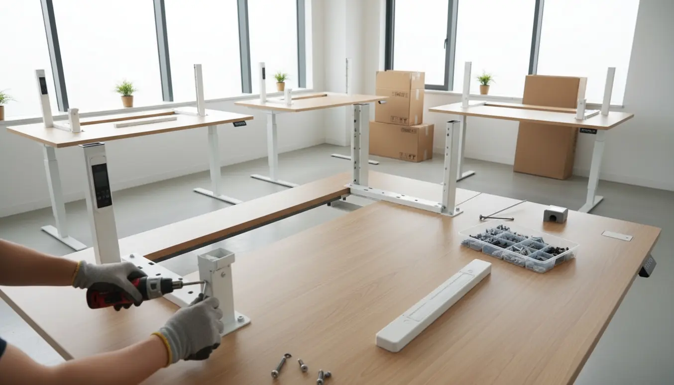 Flere hæve/sænke-borde monteres i et lyst kontor; nærbillede af hænder med værktøj og dele på bordet.