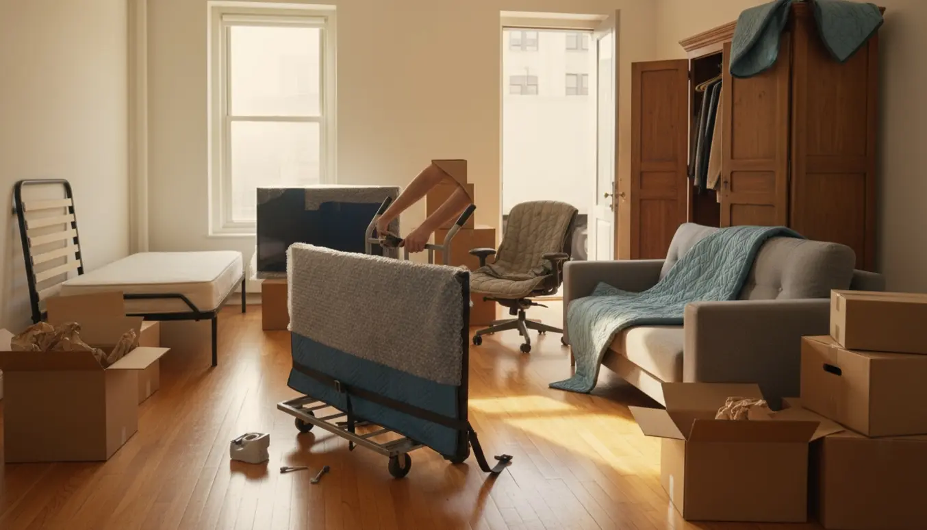 Flyttearbejde i en stue med en enkeltmandseng, to indpakkede fjernsyn, kontorstol og skab klar til flytning.