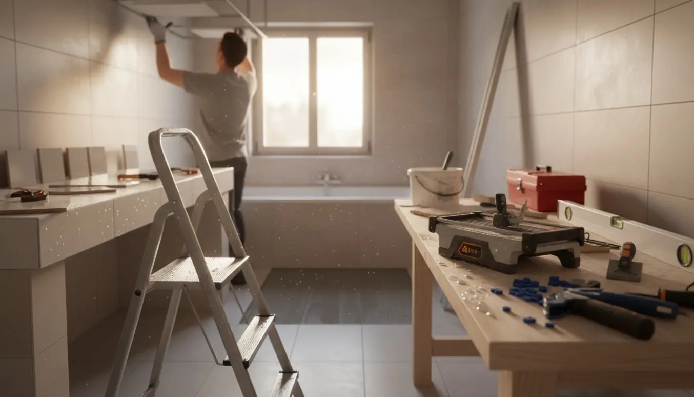 Badeværelse under istandsættelse med opsætning af loftplader og halve klinker klar til montering.