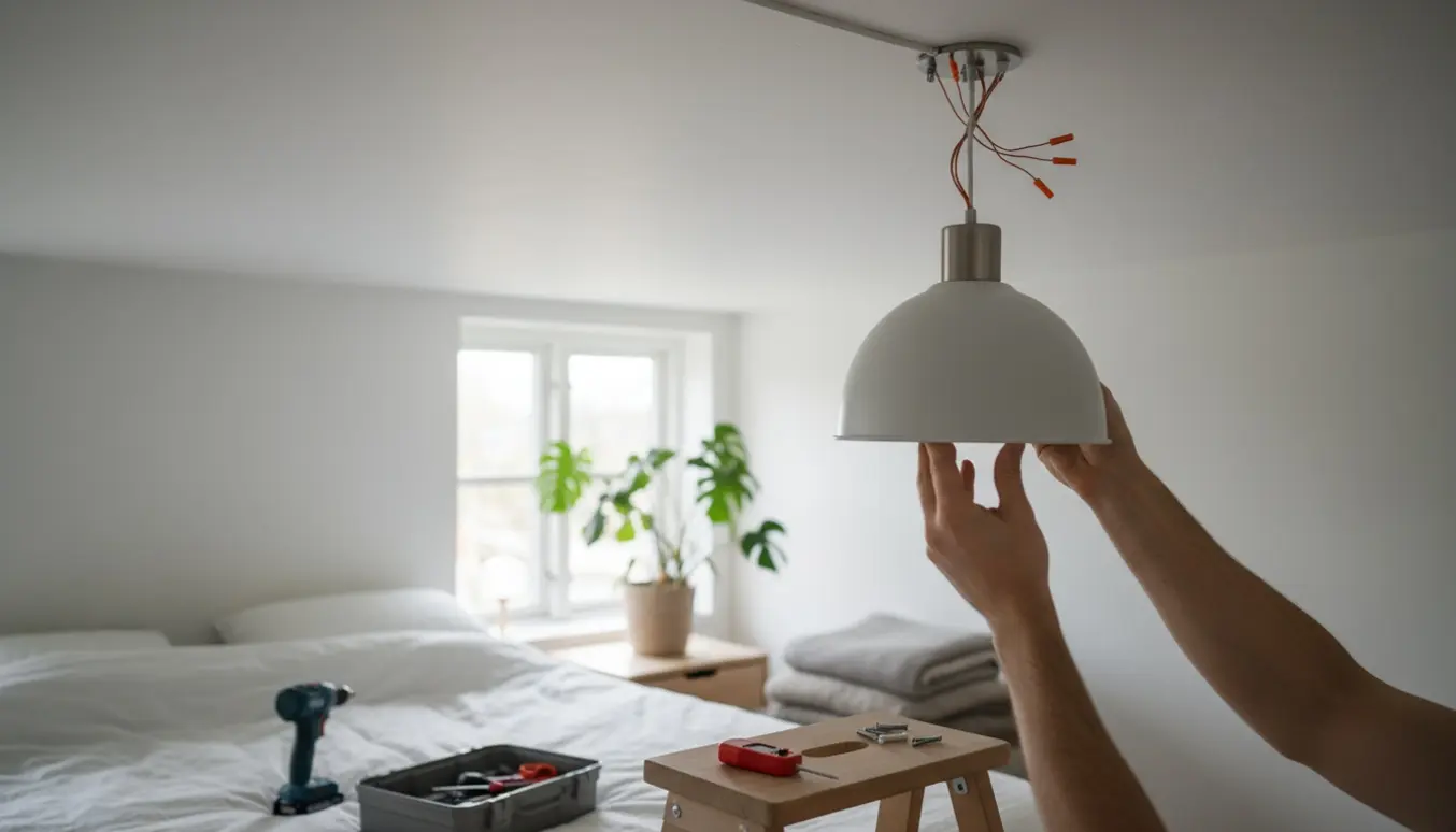 Hænder monterer en loftlampe i et lyst skandinavisk soveværelse med værktøj på en stige.
