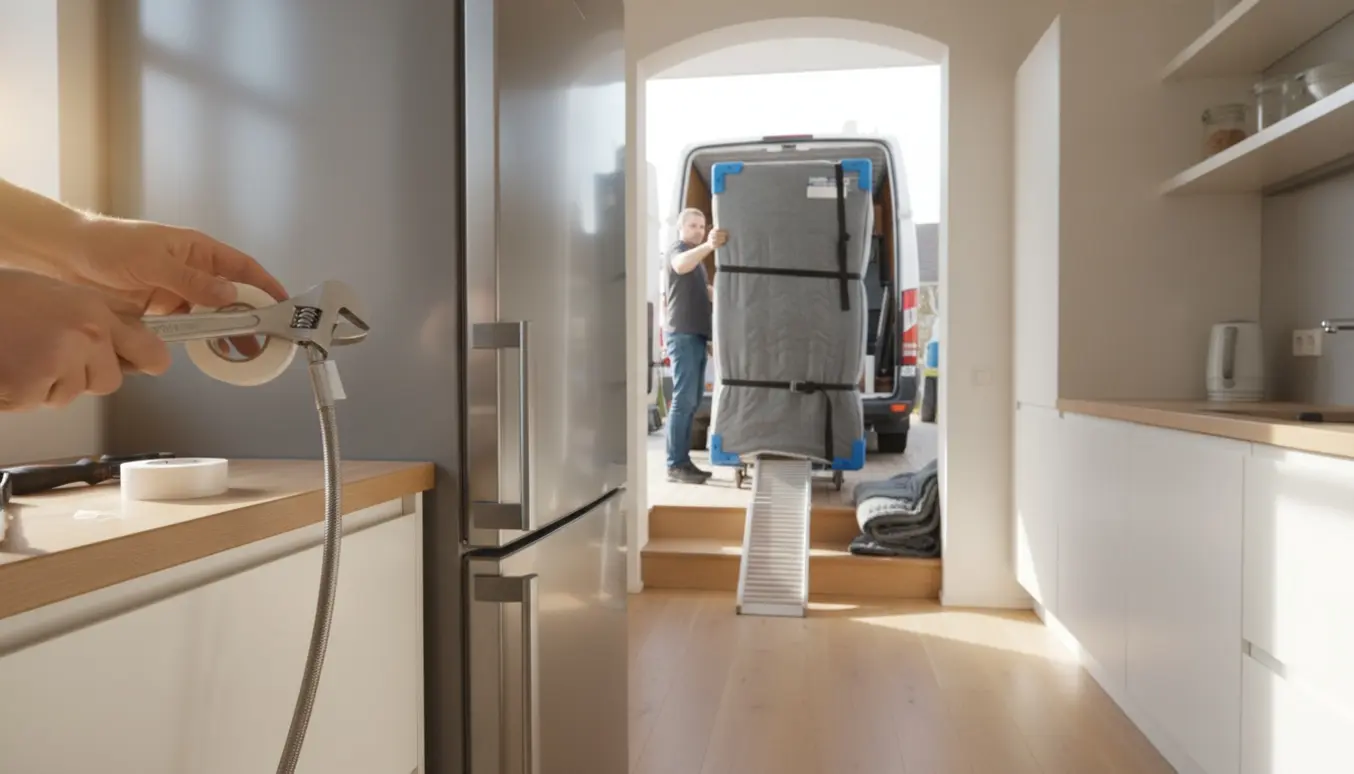 Tekniker tilslutter vandslangen til et stort køleskab, mens flyttefolk håndterer et andet køleskab i baggrunden.