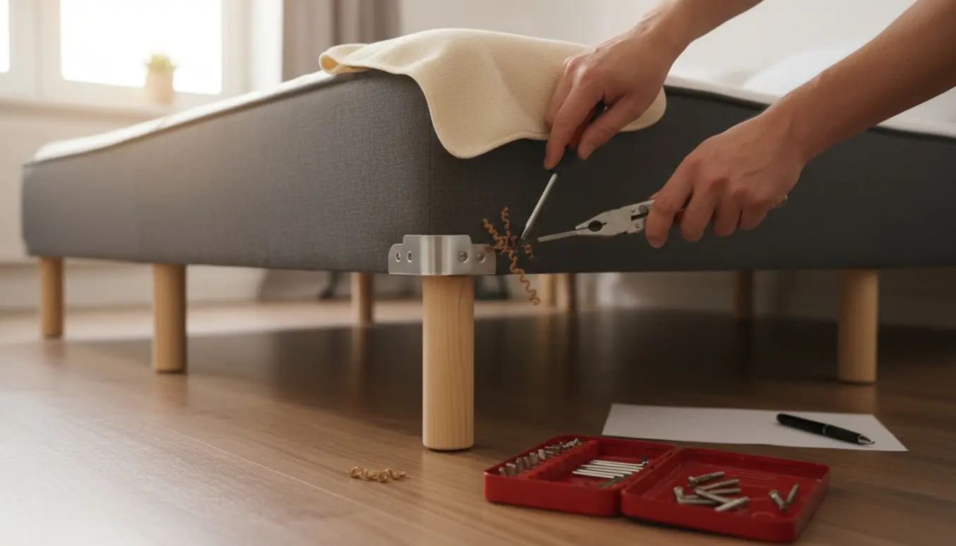 Nærbillede af en seng med et skævt monteret ben og hænder, der løsner en fastskrue med værktøj.