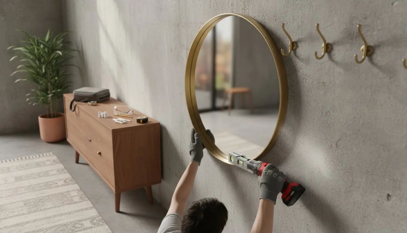 Hænder monterer et rundt spejl på en betonvæg i en lys entré med værktøj på et konsolbord.