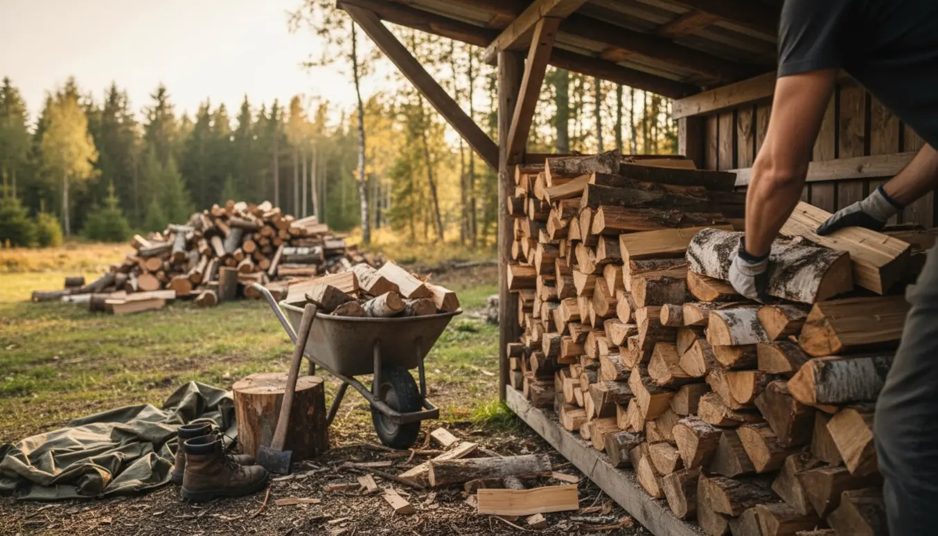 Gloved hænder stabler flækket brænde i en pæn brændestak ved en trillebør og et værktøj i baggrunden.
