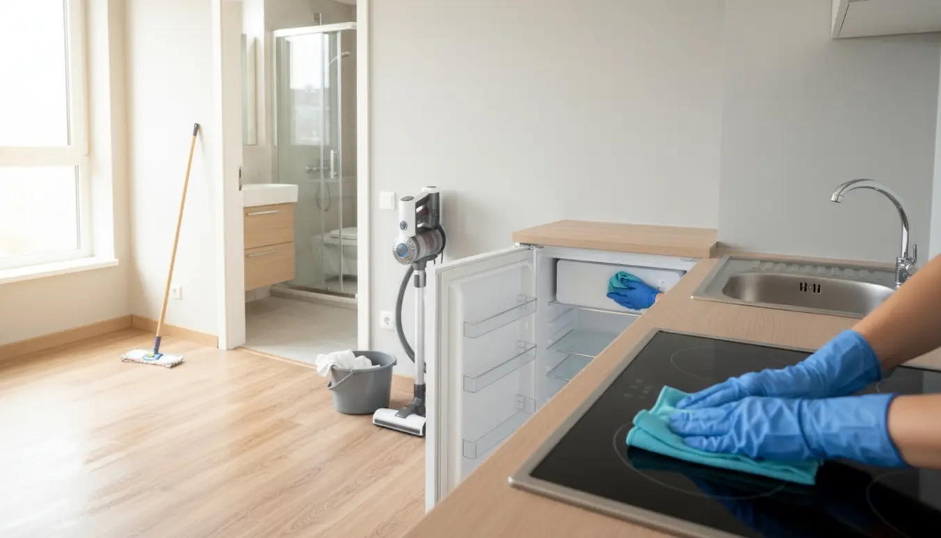 Tom 34 m² studiolejlighed rengøres efter fraflytning med hænder, der aftørrer komfuret, støvsuger og moppe i rummet.