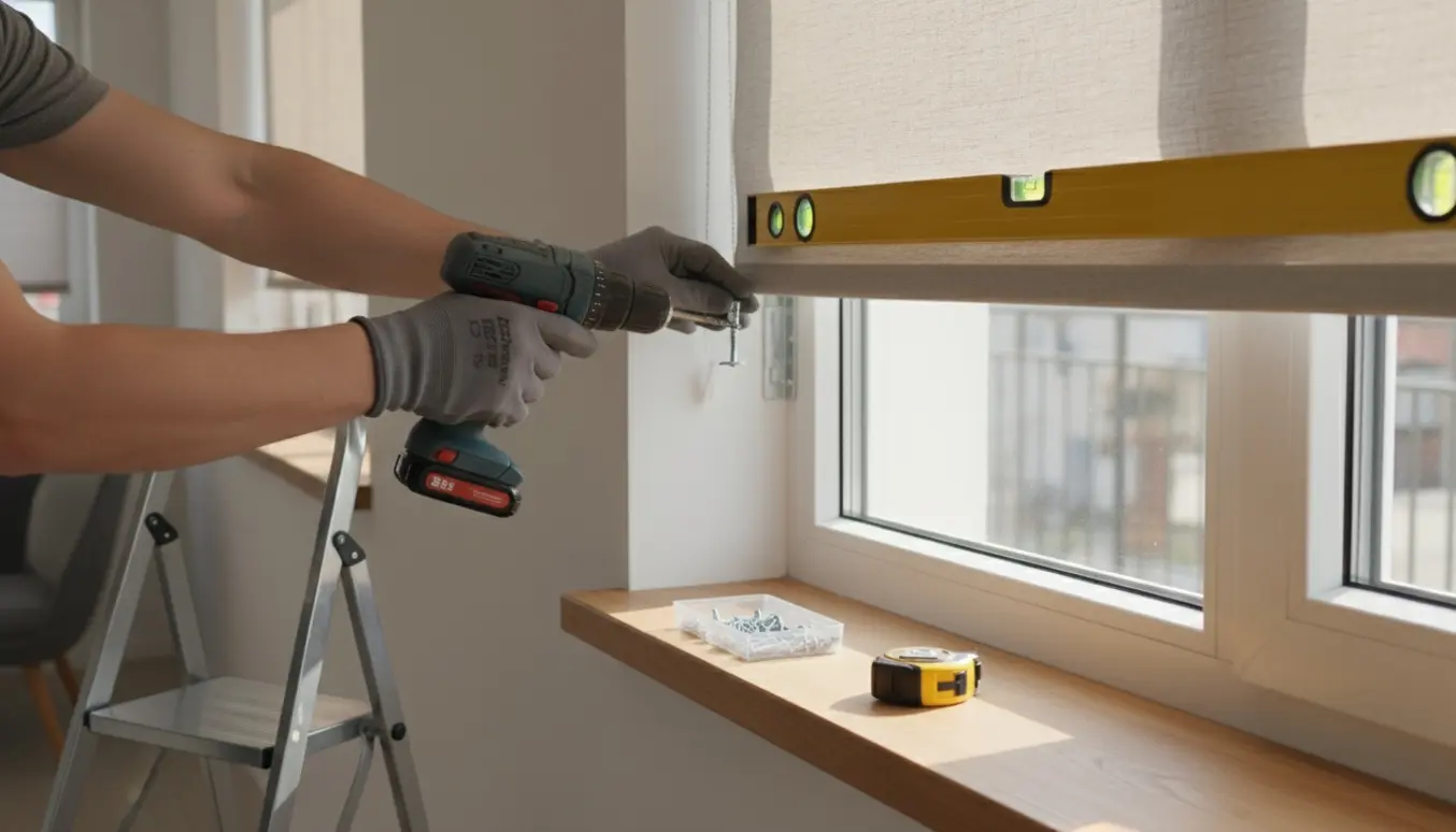 Hænder monterer et nyt rullegardin ved et vindue med værktøj og sollys.