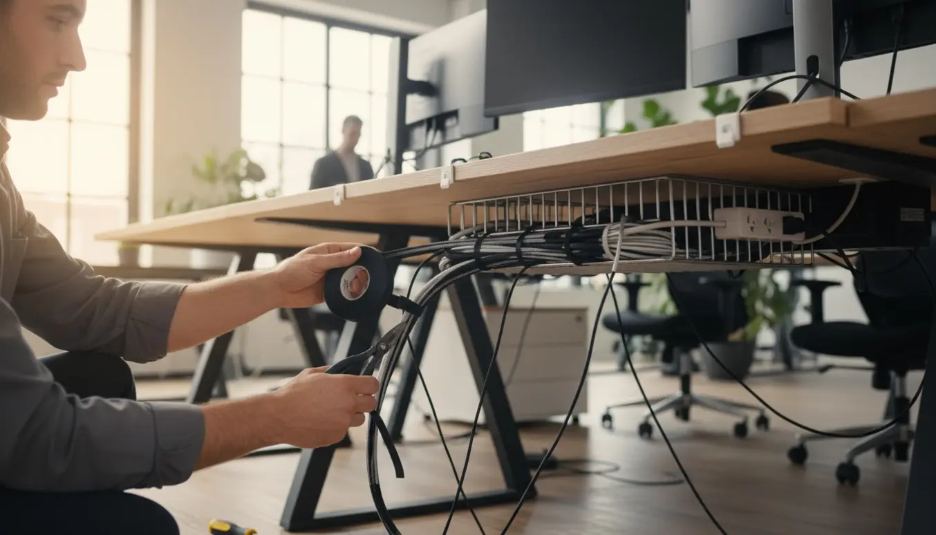 Hænder ordner og forbinder kabler under et kontorbord med kabelstrips og kabelbakke.