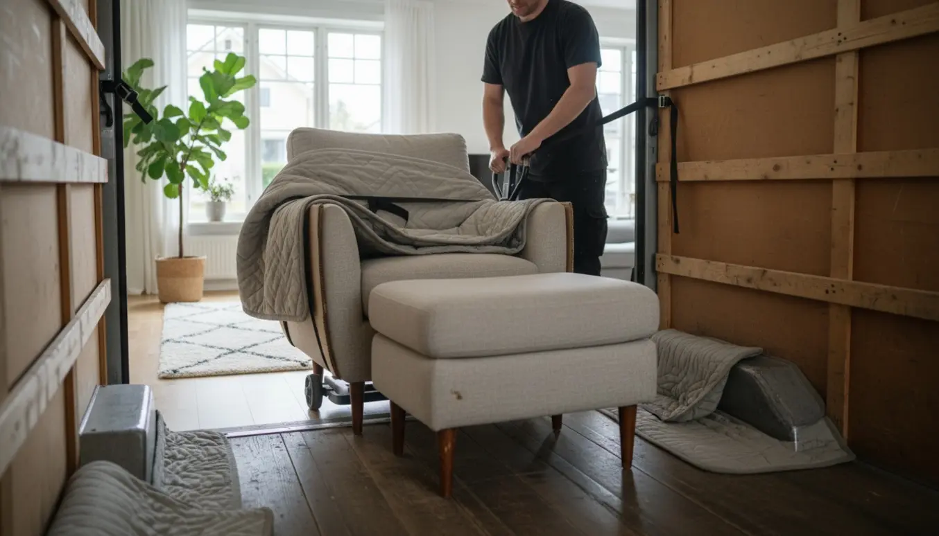 Lænestol med skammel bliver forsigtigt læsset i en flyttebil og sikret med tæpper og stropper.