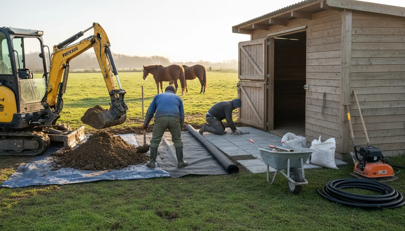 Arbejdere muddersikrer hestefolde med minigraver, geotekstil, grus og fliser, mens heste står i baggrunden.