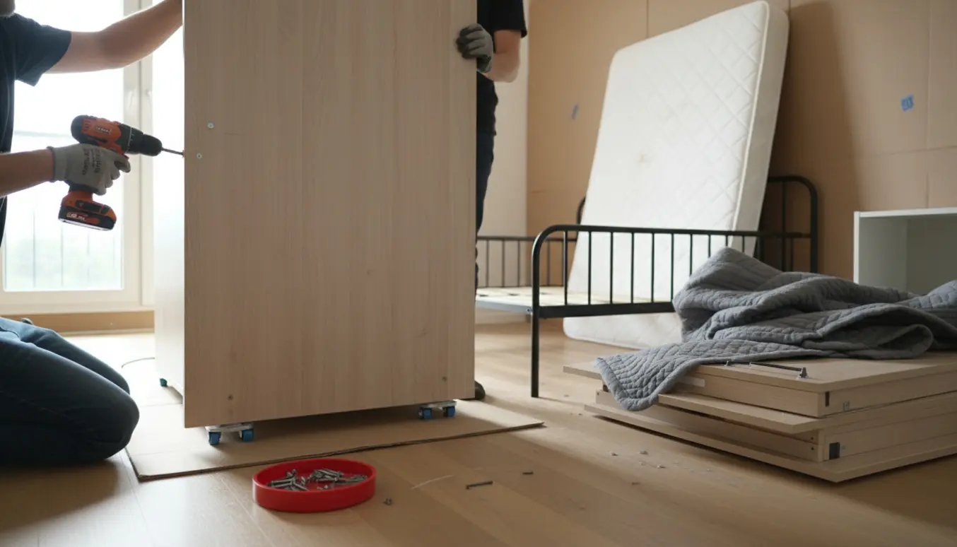 To personer skruer et Ikea-garderobeskab løst og flytter det i et lyst soveværelse.