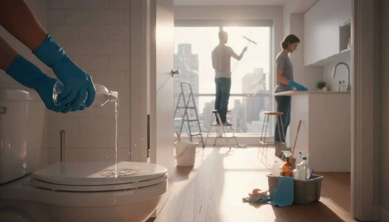 Hænder hælder afkalkningsmiddel i et toilet, rene vinduer og rengøringsudstyr i en lys lejlighed.