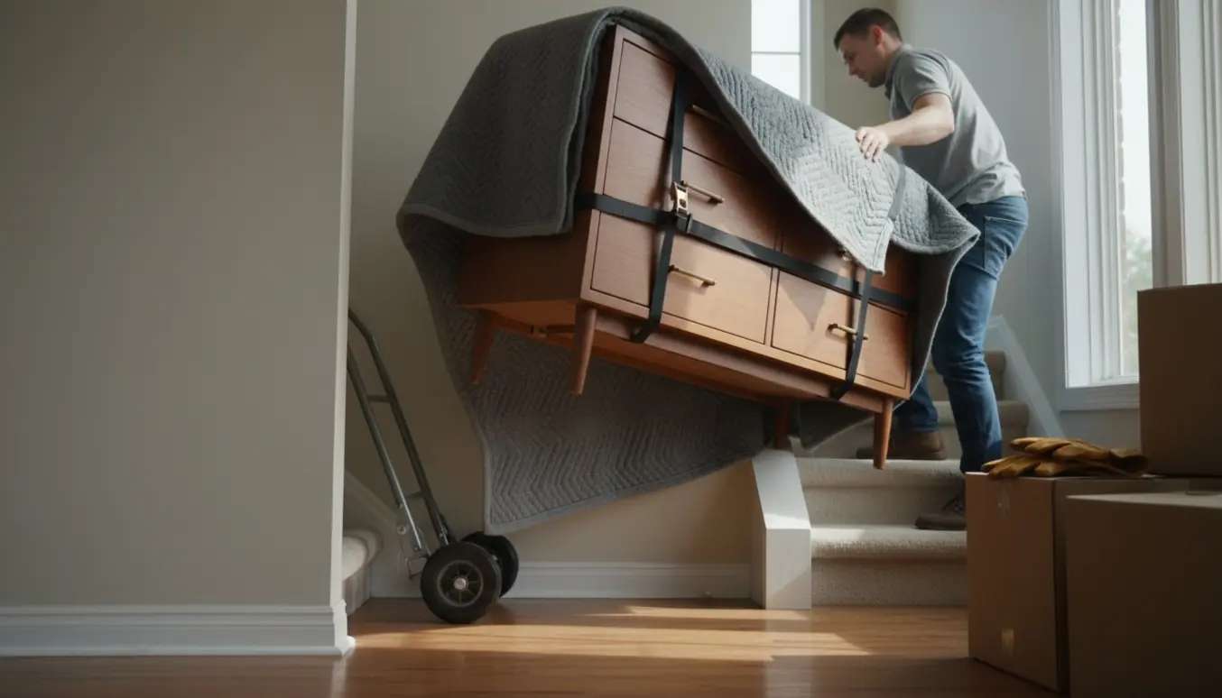 To personer løfter en trækommode op ad en indvendig trappe i en lys stue, ansigter ikke synlige.