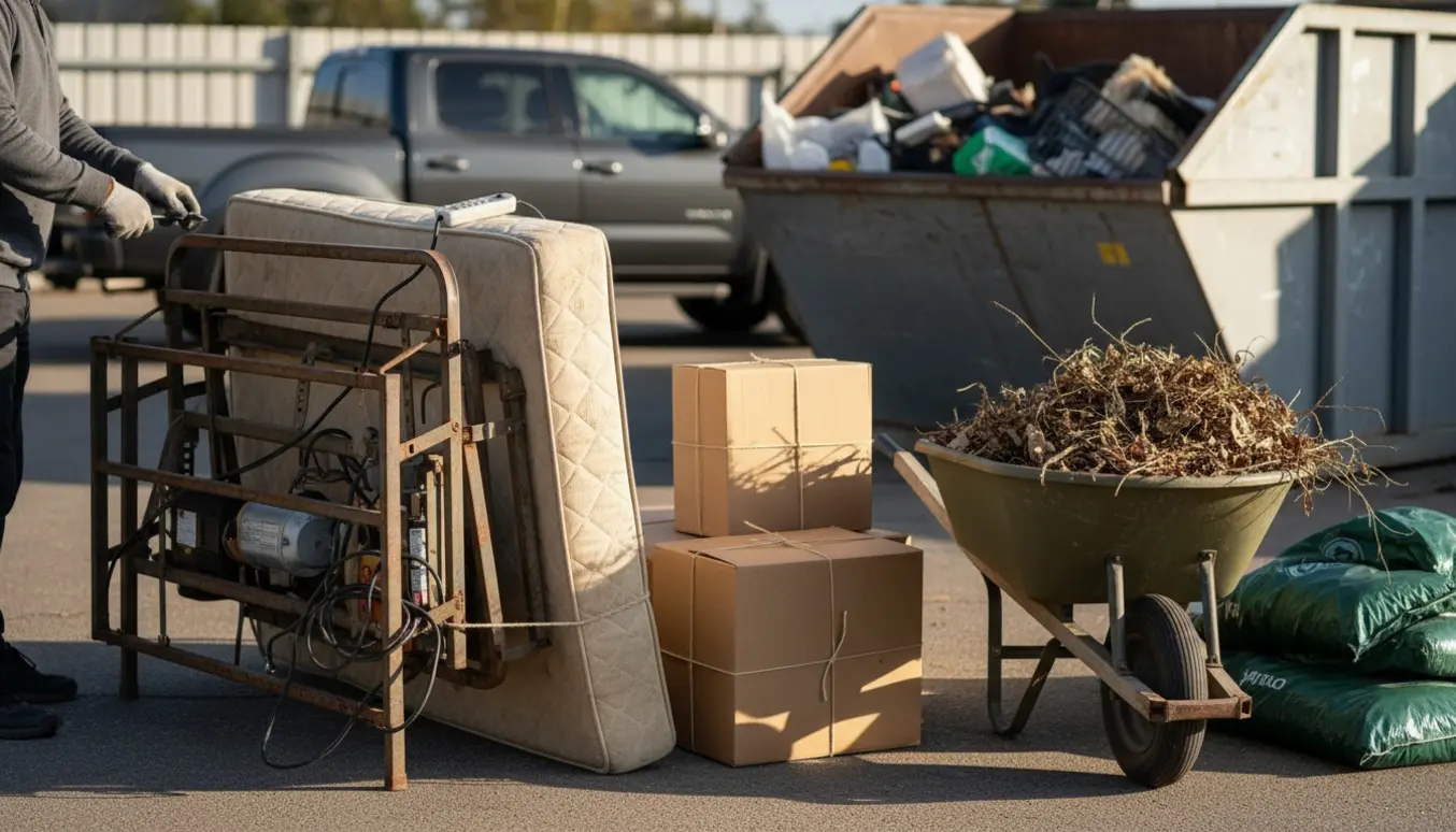 Afmonteret elevationsseng ved et genbrugsområde med haveaffald og sammenbundet pap.