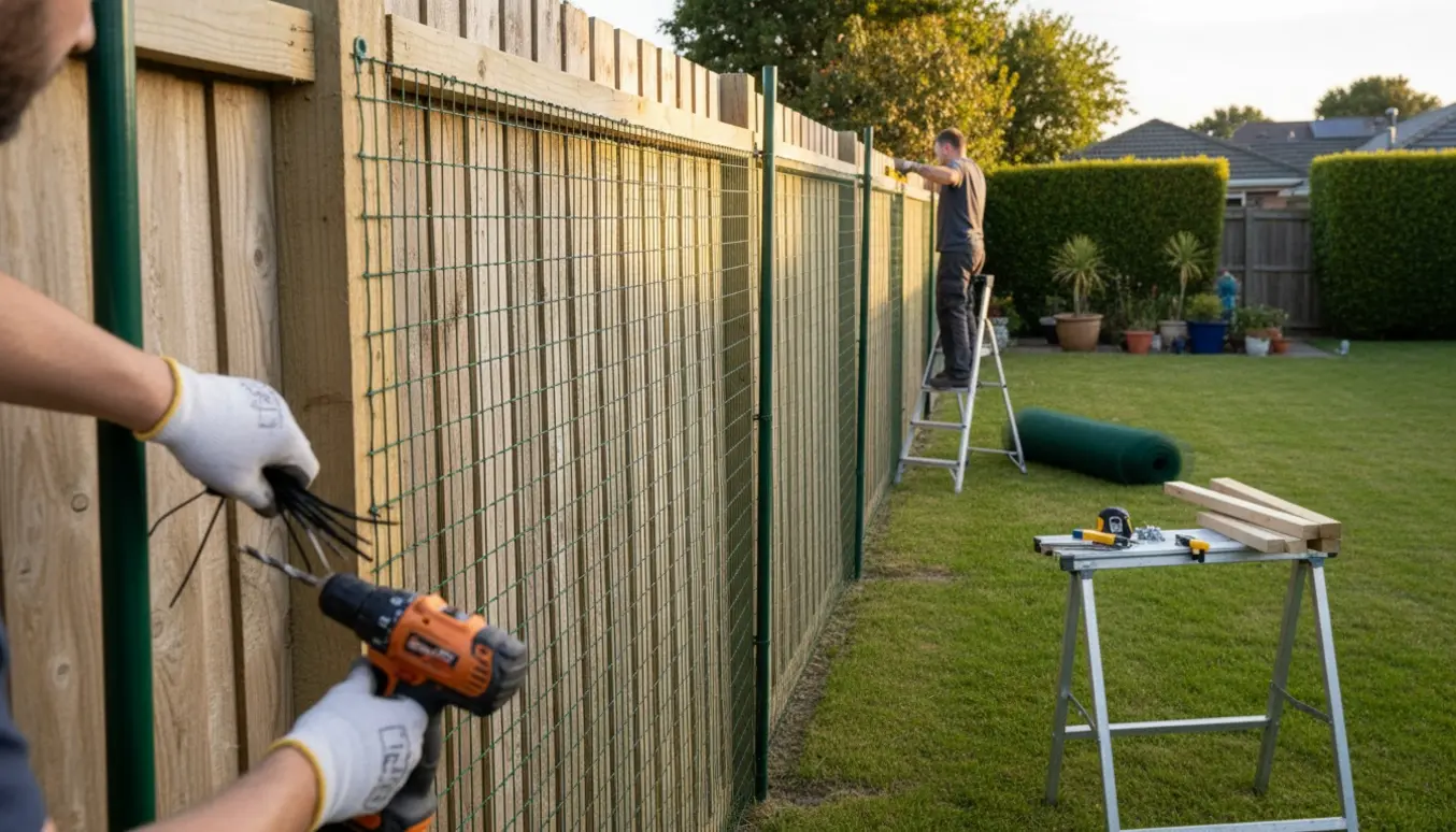 Håndværker monterer net på et eksisterende havehegn for at gøre det højere, med stige og værktøj i baggrunden.