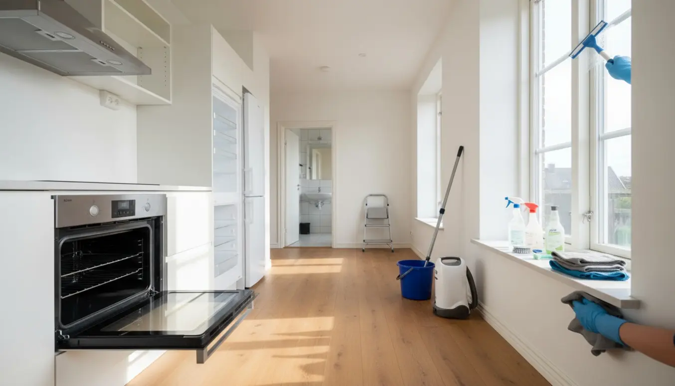 Soloplyst, nyligt rengjort rækkehusinteriør med rengøringsredskaber og hænder, der pudser vinduet.