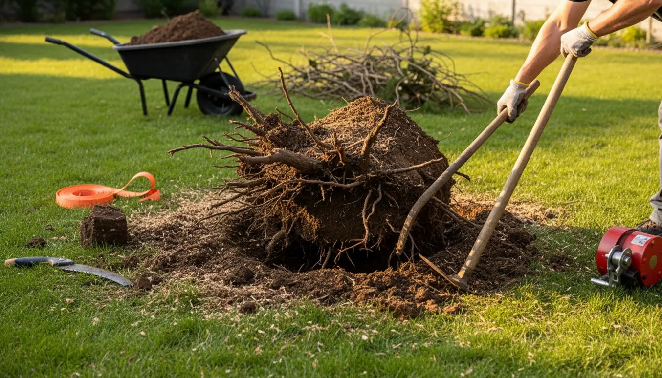 Delvist opgravet trærod i en have med spade, spett og handsker klar til at blive fjernet.