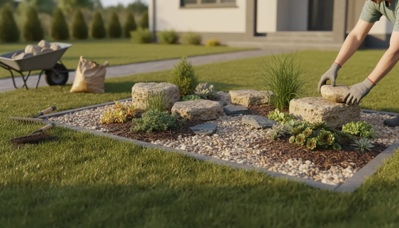 Forhave med ryddet ukrudt og et nyanlagt stenbed på cirka 2x3 m.