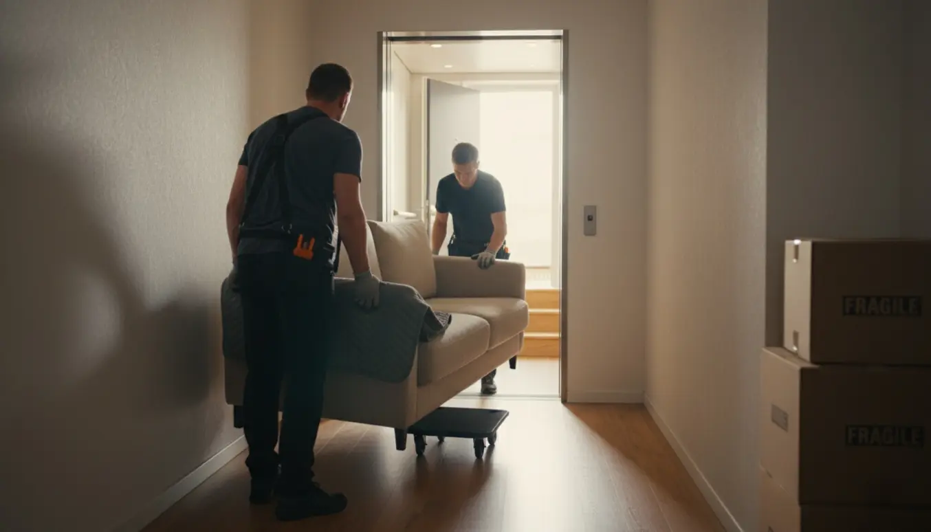 To personer bærer en mellemstor sofa ud af en bygningselevator mod en lejlighed på 1. sal.