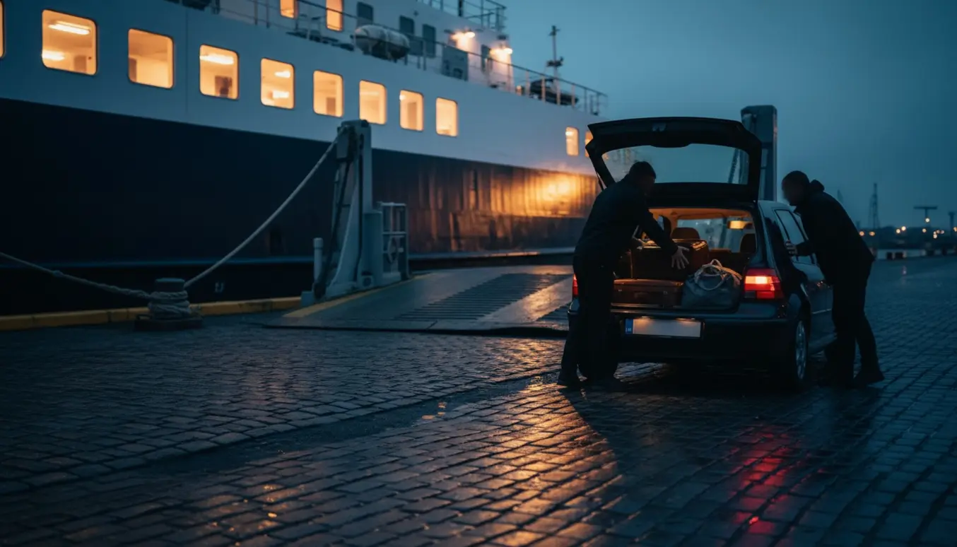 Bil parkeret ved færgerampen om natten med bagage klar til afhentning efter ankomst fra Norge.