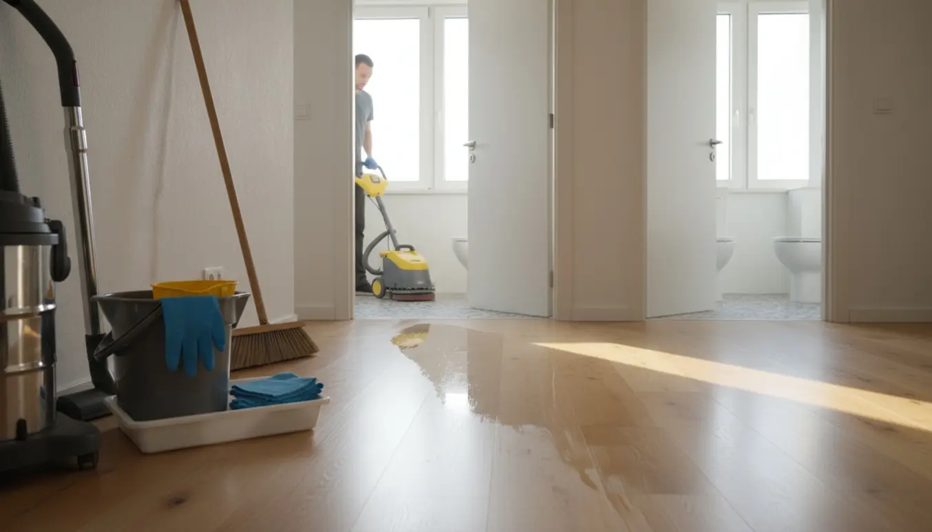 Lyst, åbent rum under rengøring med gulvvaskemaskine, støvsuger og skinnende gulv.
