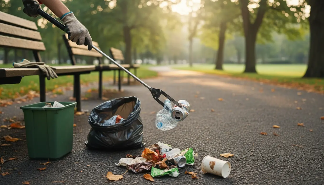 Hænder i handsker bruger en gribetang til at samle skrald i en sort sæk i en park.