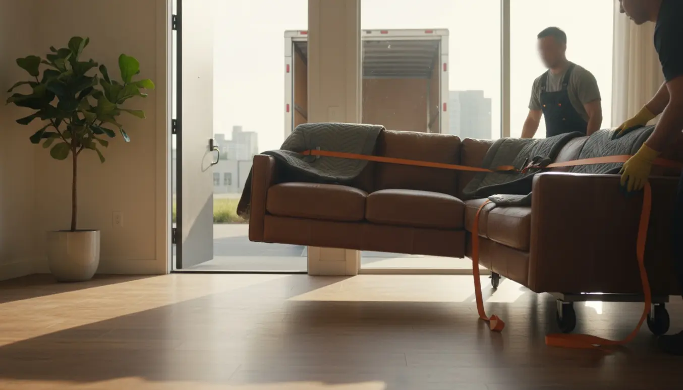 Adskilt lille læderhjørnesofa i to dele bæres gennem en dør, med fokus på hænder og lædertekstur.