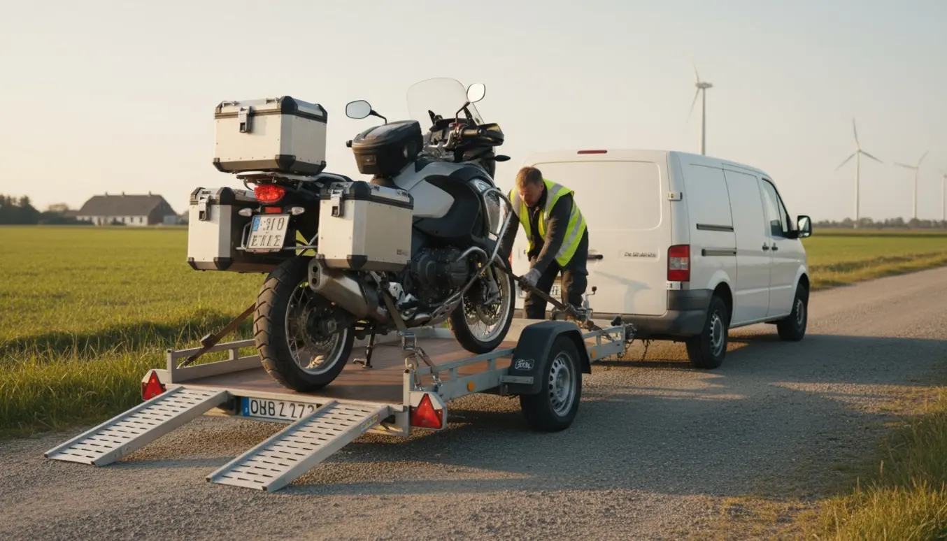 En tung touringmotorcykel sikres på en åben trailer ved en dansk landevej.