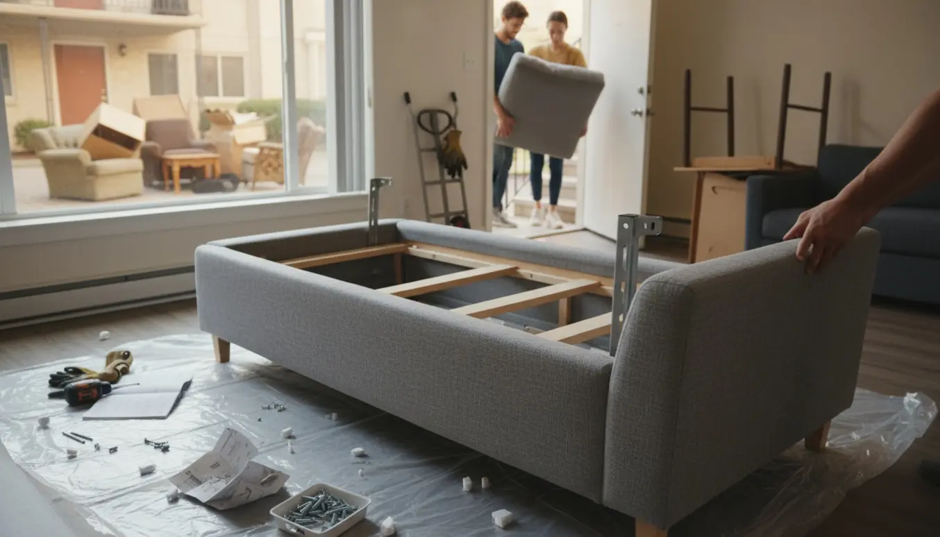 Hænder samler en ny hjørnesofa i en lys lejlighed, mens en gammel sofa bæres ned ad trappen mod gårdens storskrald.