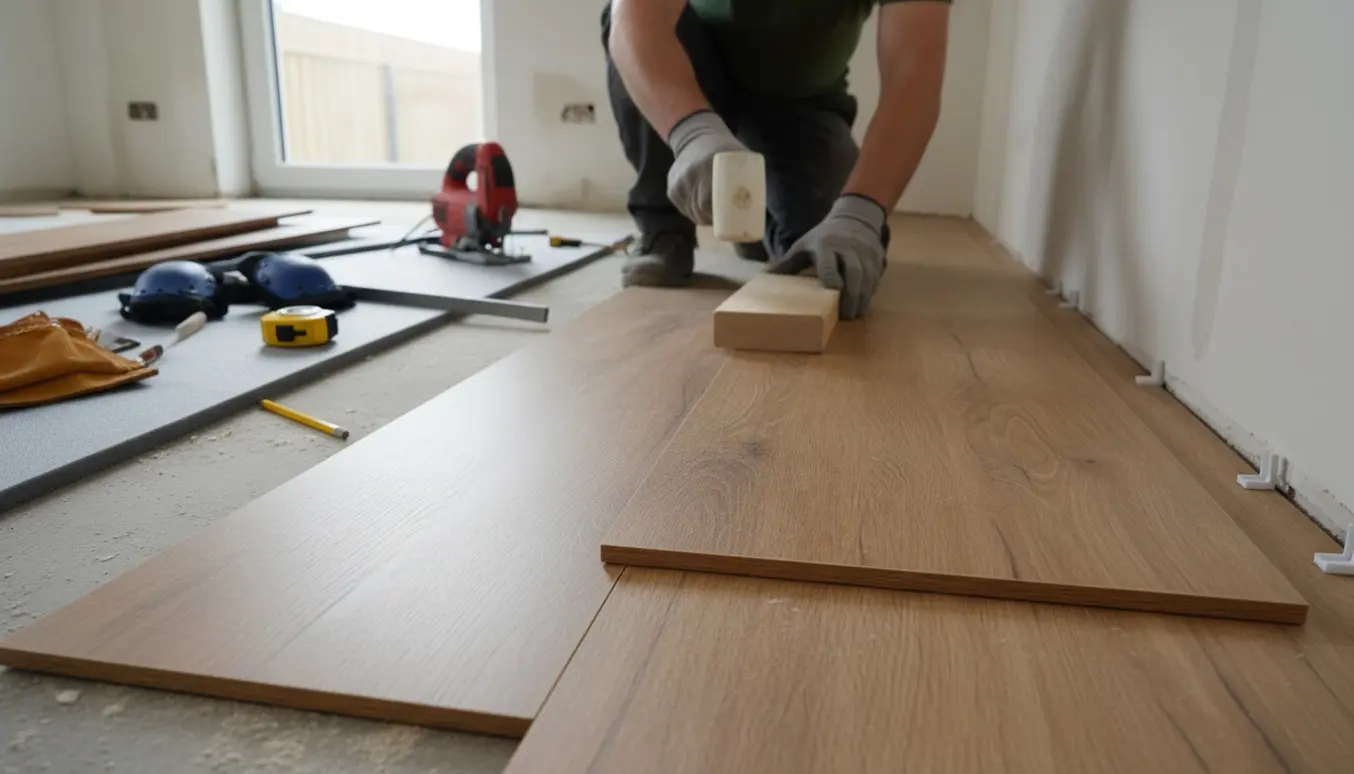 Lægning af laminatgulv i et lille køkken med hænder, der klikker planker på plads og værktøj omkring.