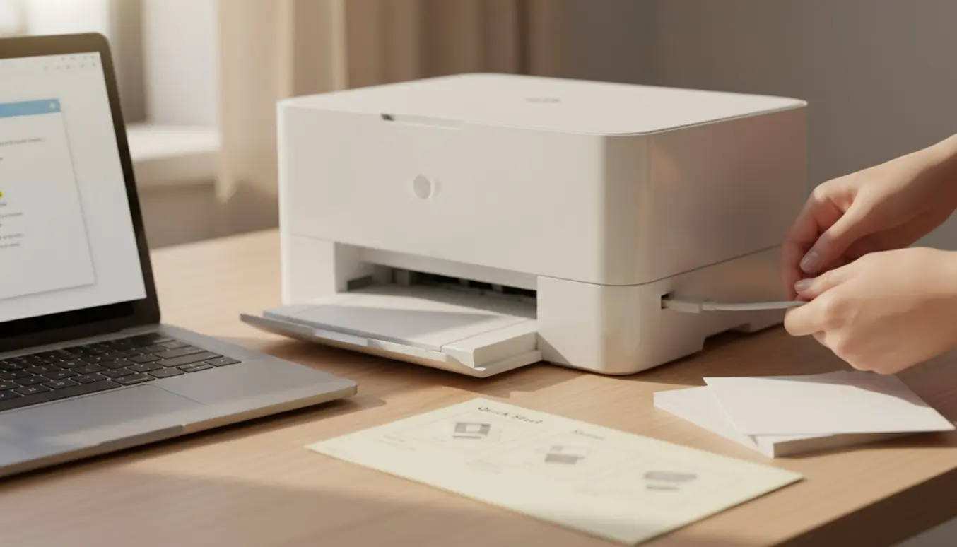 Hænder tilslutter en bærbar computer til en kompakt blækprinter på et lyst skrivebord under opsætning.