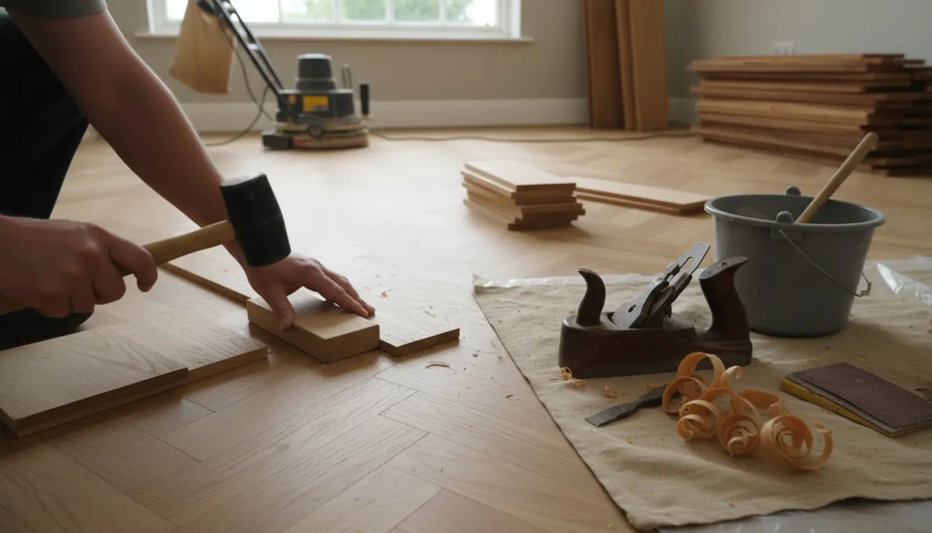 Nærbillede af hænder, der klargør eksisterende planker og lægger massivt egetræ i sildebensmønster i et lyst rum.