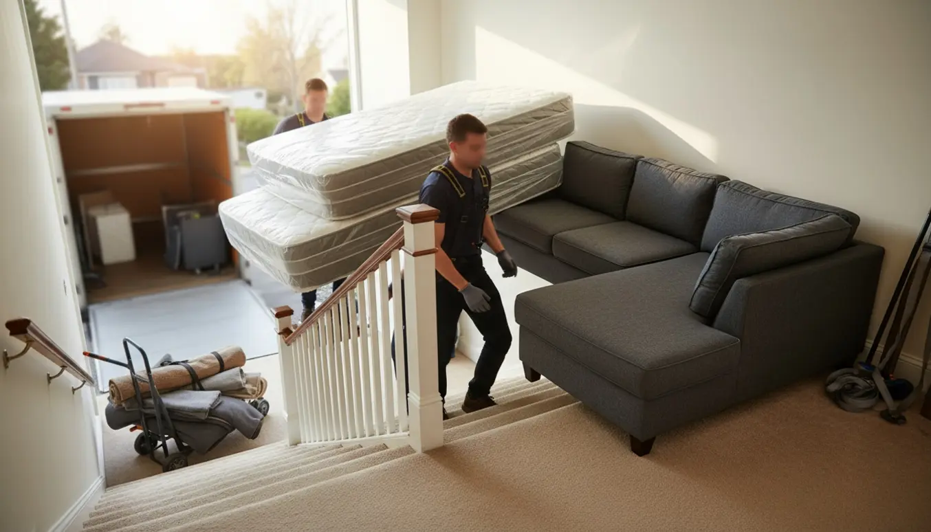 Flyttefolk bærer senge, en sofa og gulvtæpper ned ad trappen fra 2. sal mod en ventende flyttevogn.
