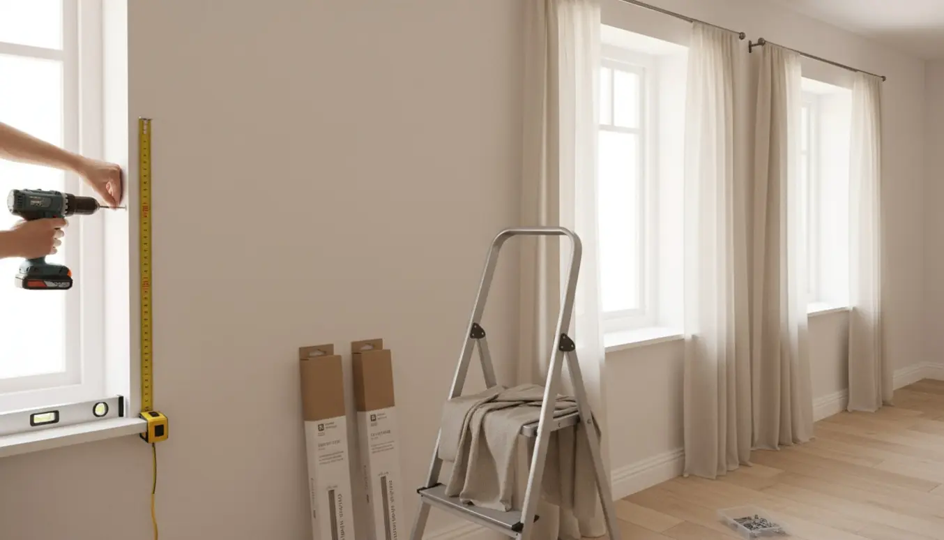Hænder monterer gardinstang over vindue i en lys stue med boremaskine, vaterpas og værktøj.